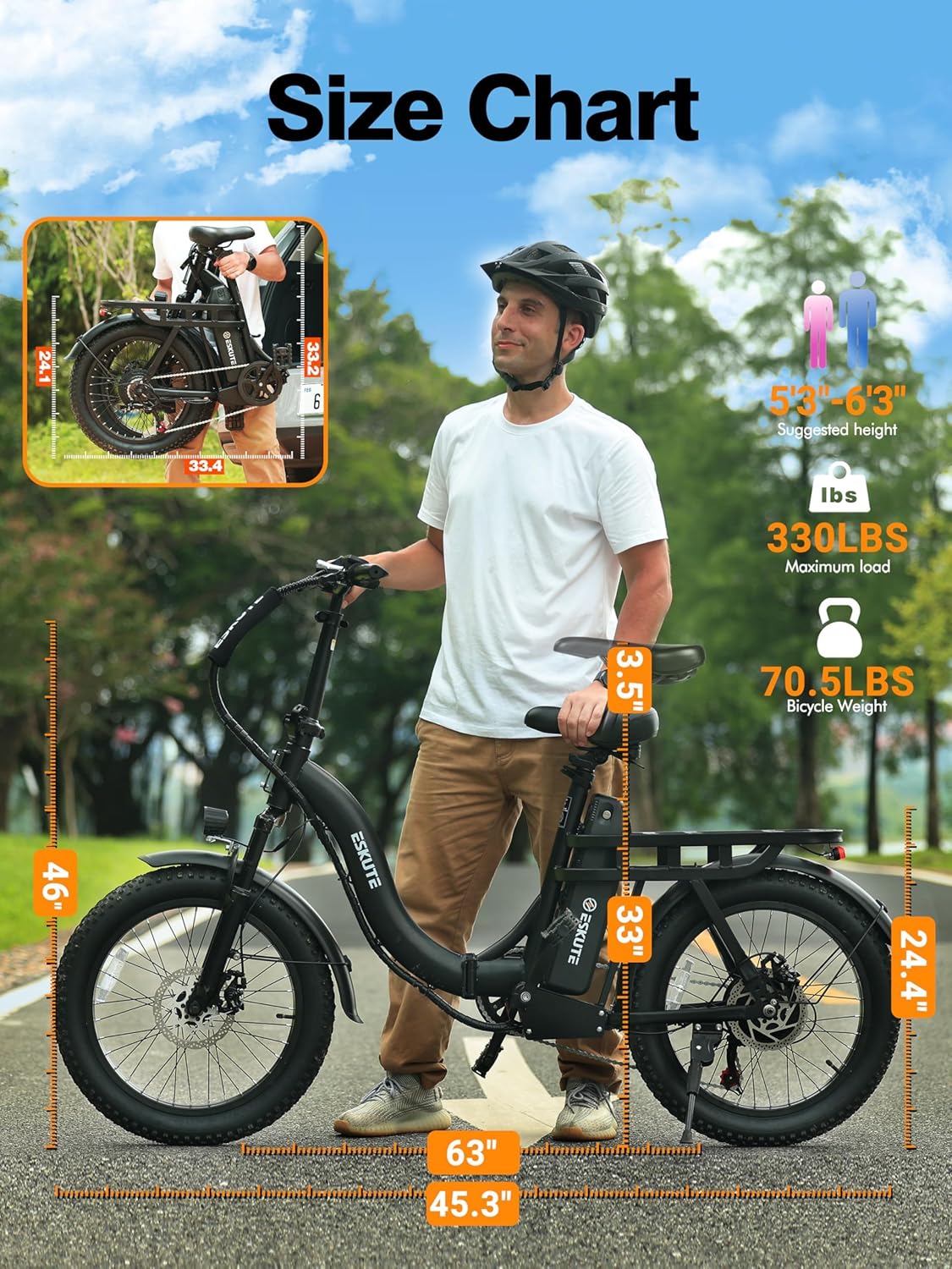 Skiennix 1200W Peak Folding Electric Bike - 28MPH, 48V 10.4Ah Battery, 55-Mile Range, 20"x3" Fat Tires