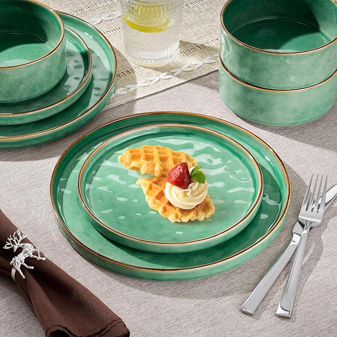 Herogo 12 Pieces Dinnerware Dish Sets for 4, Plates and Bowls Sets for Home Kitchen, Ceramic Dinning Dishes, Dishwasher & Microwave Safe, Gemstone Green