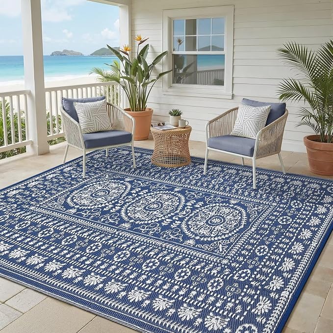 Garvee Reversible Outdoor Rug 6x9 for Patio, Waterproof Outdoor Area Rug, Modern Medallion Indoor Outdoor Rugs, Plastic Straw Rug for RV, Camping, Deck, Vintage Navy