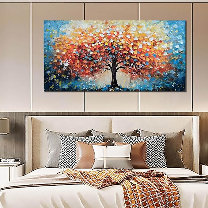 Zoyotago Large Canvas Wall Art for Living Room Bedroom Home Office Orange Yellow Tree of Life Wall Art Modern Hand-painted Oil Painting Size 29x59