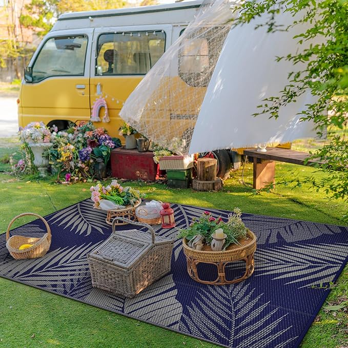 GENIMO Outdoor Rug 3' x 5' Waterproof for Patios Clearance, Reversible Outdoor Plastic Straw Camping Rug Carpet, Large Area Rugs Mats for RV, Camper, Deck, Balcony, Porch, Beach, Picnic Navy Blue&Grey