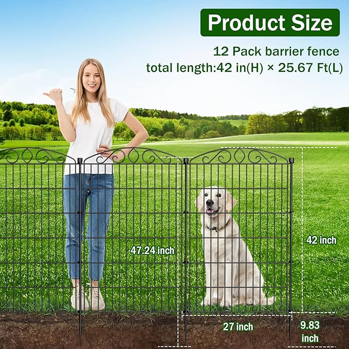 12 Panel No Dig Decorative Garden Fence with Gate - 42in H x 25.67 ft L, Tall Animal Barrier for Dogs Rabbits, Rustproof Metal Wire Panels for Yard, Patio, and Outdoor Border Use