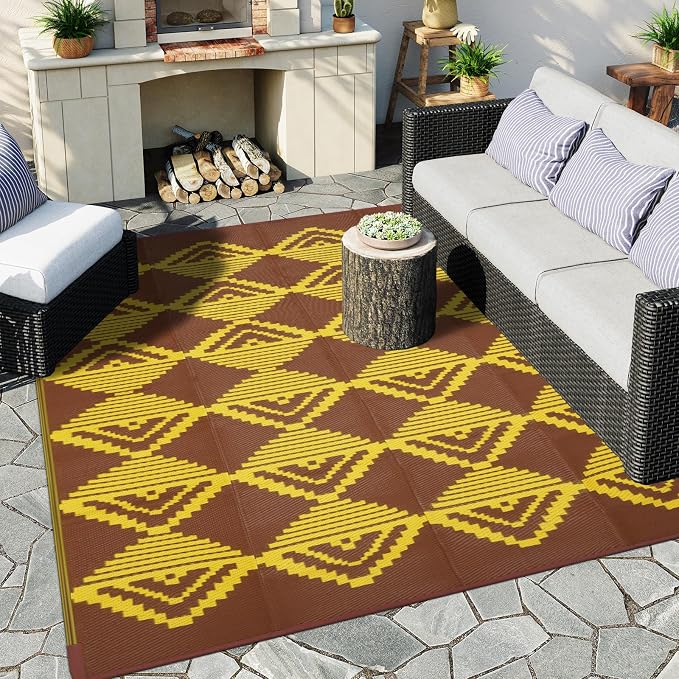 Anidaroel Patio Rugs Outdoor 8x10ft Waterproof, Reversible Camping Rugs for Outside RV, Outdoor Plastic Straw Outside Area Rugs for Patio, Backyard, Pool Deck, Picnic (Yellow&Brown,8‘x10')