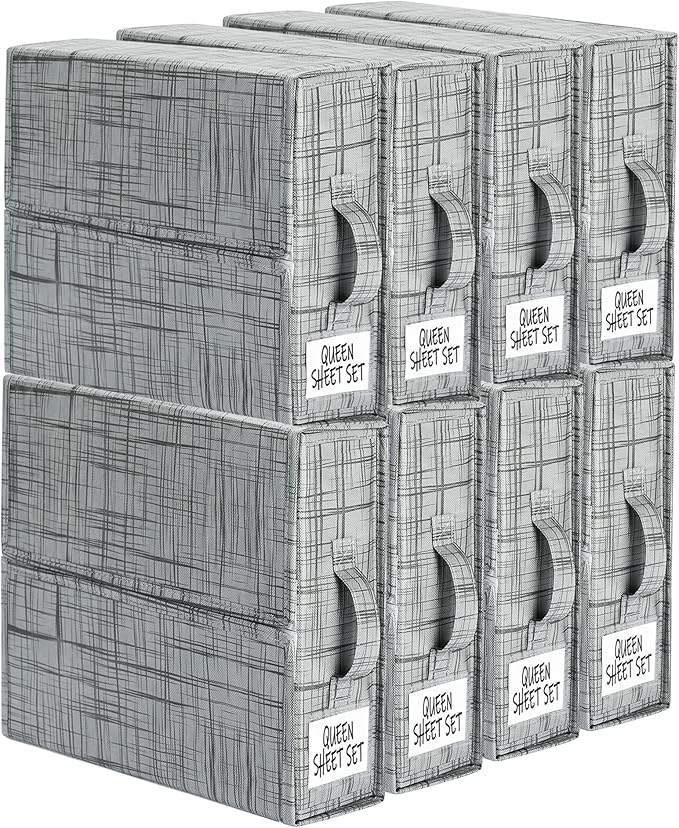 SUOCO SheetCube Bed Sheet Organizers and Storage 8 Pack, Foldable Linen Closet Organizer with Window and Label, Bedding Storage Box Container for, Duvet Cover Set, Bed Sheet Set - Pattern Grey