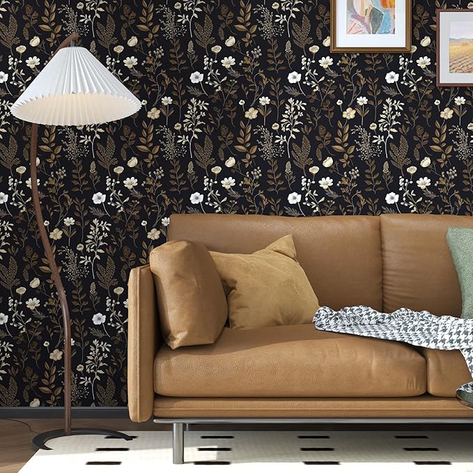 Dark Taupe Floral Peel and Stick Wallpaper, 17.5In x 197In Vintage Black Golden