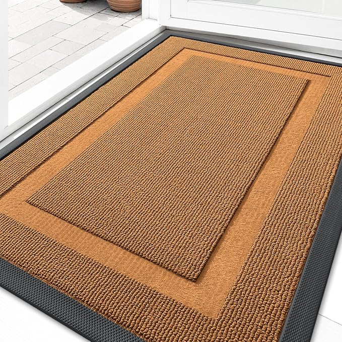 OLANLY Front Door Mat Indoor Outdoor Entrance, Waterproof All-Season, All-Weather Doormat, Sturdy Natural Rubber, Low Profile, Easy Clean Patio Porch Entryway Mat, 47x17, Tangerine Orange