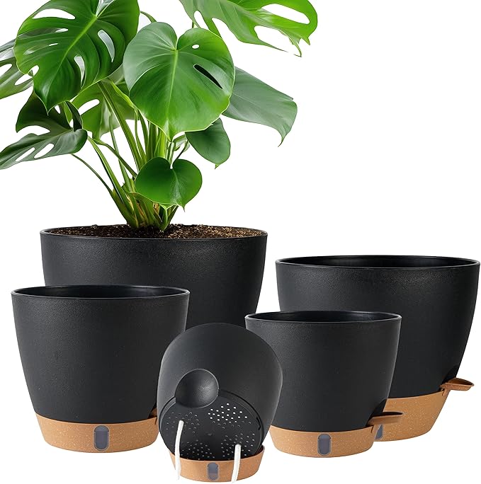 Self Watering Pots for Inoor Ourdoor Plants 10/9/8/7/6.5 Inch Plastic Planters with Drainage Holes & Water Level Indicator, Decorative House Flower Nursery Planting Pots with Saucers(Black)