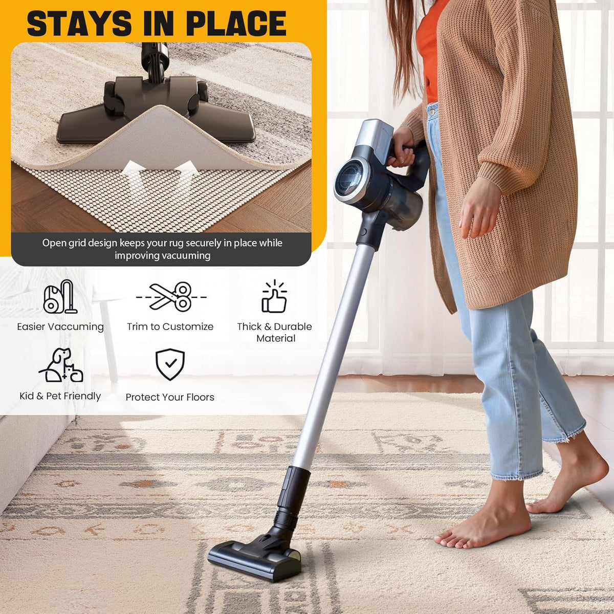 Non-Slip Rug Pad Gripper 9x13 Feet, Anti Skid Mat for Under Area Rugs, Keeps Rugs in Position and Safe, Thick Cushioned Carpet Pad for Hardwood Floors Protection