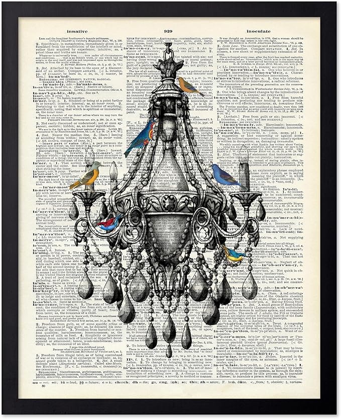 Poster Master Dictionary Art Poster - Antique Chandelier Print - Bird Art - Baroque Art - Gift for Men & Women - Chic Decor for Living Room, Dining Room, Bedroom or Kitchen, 8x10 Black Framed