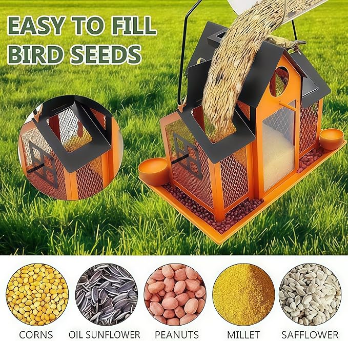 Solar Bird Feeders House for Outside Hanging, Metal Wild Bird Feeder for Outdoors Large Capacity Cardinal Birdfeeder Birdhouses Metal Bird Feeding Station Orange