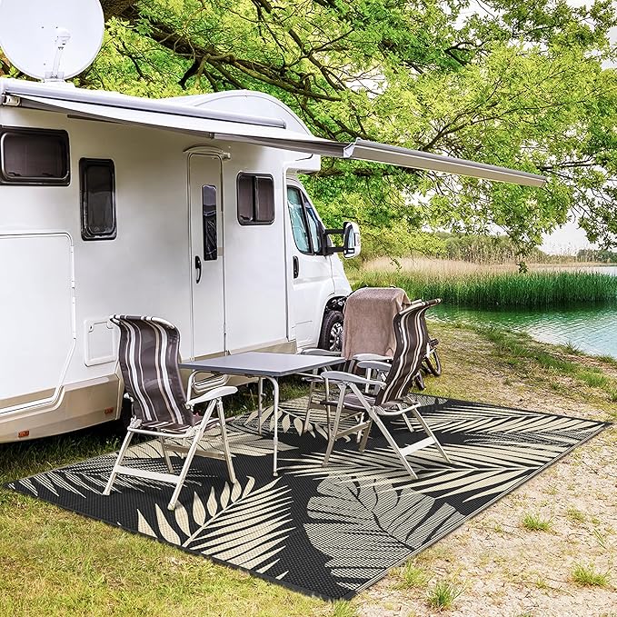 GENIMO Outdoor Rug 9' x 12' Waterproof for Patios Clearance, Reversible Outdoor Plastic Straw Camping Rug Carpet, Large Area Rugs Mats for RV, Camper, Deck, Balcony, Porch, Beach, Picnic, Black&Beige