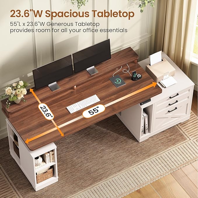 SEDETA Farmhouse Electric Standing Desk, 55" Height Adjustable Computer Desk with 3 Drawers, File Cabinet, Storage Shelves, Power Outlets, Wood Home Office Desk for Work, Study, Writing, White