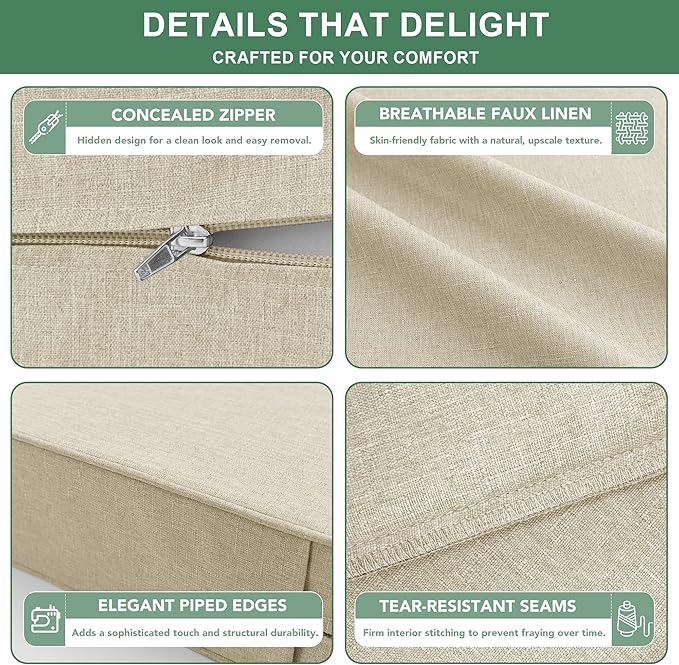 Summsun Patio Chair Cushions Set of 2, Faux Linen Outdoor Furniture Cushions, Water Resistant Backrest and Deep Seat Cushion Set with Straps, Removable Cover, Non-Slip Bottom, 22 x 22 Inch, Beige