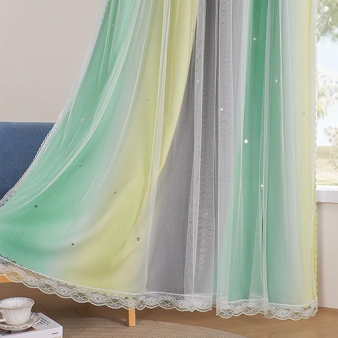 XiDi Curtains for Bedroom Decor, Rainbow GreenYellowGrey52/45/1