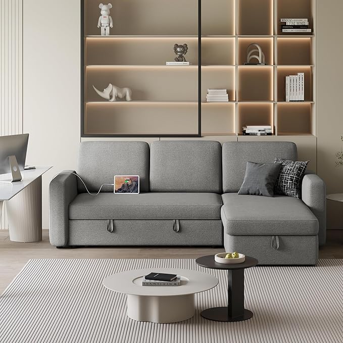 Yaheetech Sectional Sofa L-Shaped Sofa Couch Bed w/Chaise & USB, Reversible Couch Sleeper w/Pull Out Bed & Storage Space Living Room Light Gray