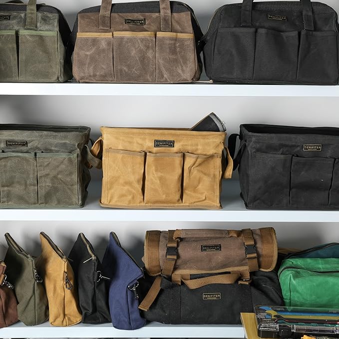 Heavy Duty 16oz Waxed Canvas Tool Bag, Rectangle Foldable Open Top Tool Bags with Handles,7 Pockets &13.8 x 7.8 x 7.8 Inches 3-Pack (Khaki)