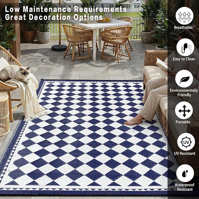 HUGEAR Outdoor Waterproof Rug 9'x12' Plastic Straw Rugs Washable Reversible Floor Mat Blue Plaid Carpet for Camping RV Deck Entryance Porch Picnic Balcony Beach Backyard