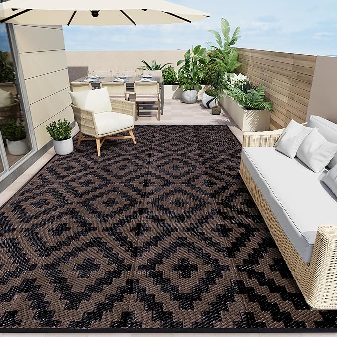 OLANLY Waterproof Outdoor Rug 8x10 ft, Outdoor Plastic Straw Rug for Camping, RV Mat Outside, Outdoor Carpet for Porch, Deck, Backyard, Balcony, Picnic, Black & Brown