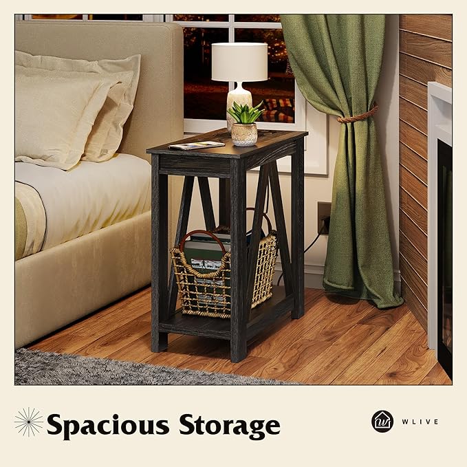 WLIVE Narrow Black End Table with Charging Station of Open Storage Shelf, Sofa Side Table with 2 USB Ports and 2 Power Outlets, Slim Farmhouse End Table for Small Spaces, 11.8" D x 23.6" W x 23.74" H