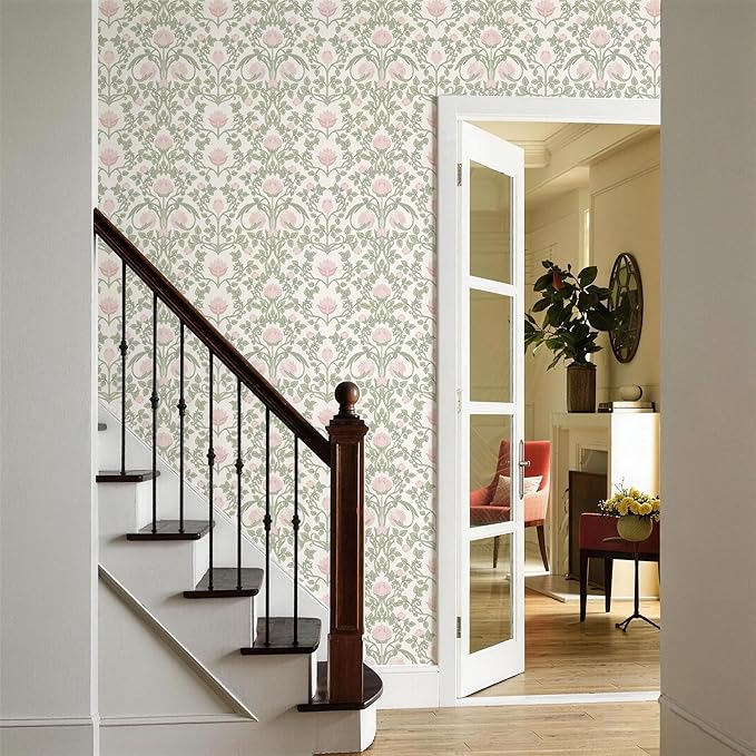 YXTII 590.5" × 17.3" Floral Wallpaper Peel and Stick Pink and Green Wallpaper