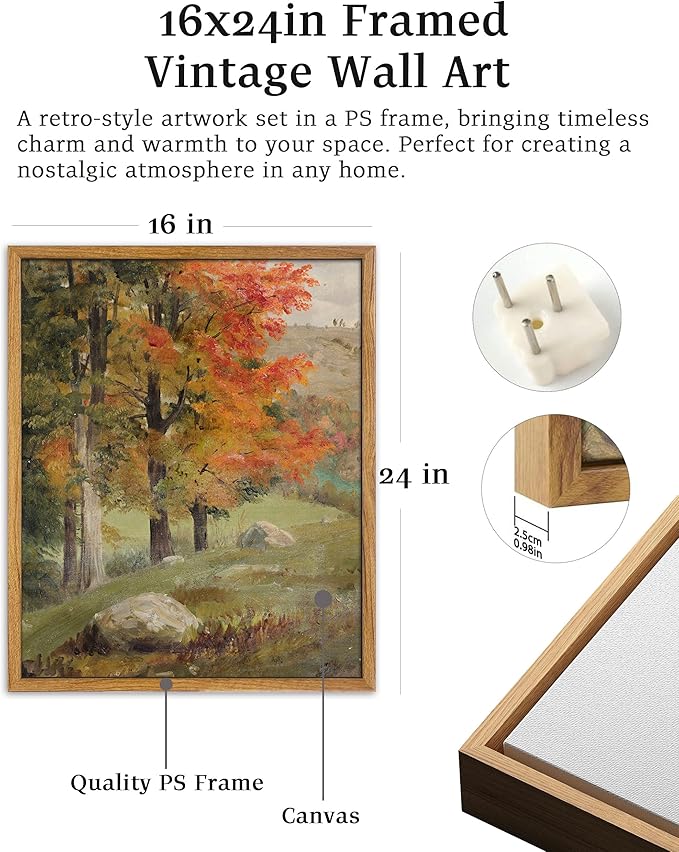 UPWOIGH 16x24 in Large Framed Wall Art, Autumn Tree Oil Painting Canvas, Vintage Fall Landscape Rustic Forest Print, Retro Moody Wall Art for Living Room Bedroom Decor, 1 Pack Gift