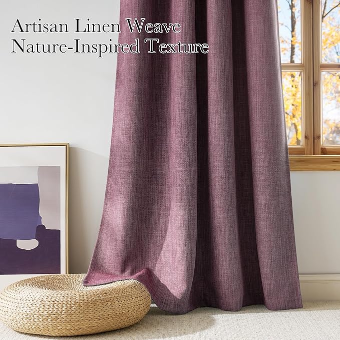 NICETOWN Greyish Purple Faux Linen Room Darkening Rod Pocket Curtains 63 inch