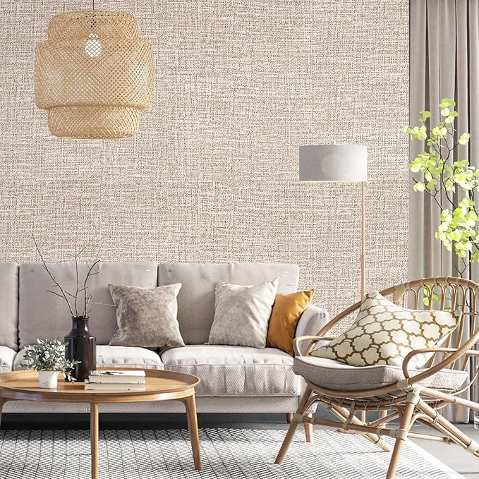 Khaki Grasscloth Peel and Stick Wallpaper 17.3"x120" Faux Linen Textured