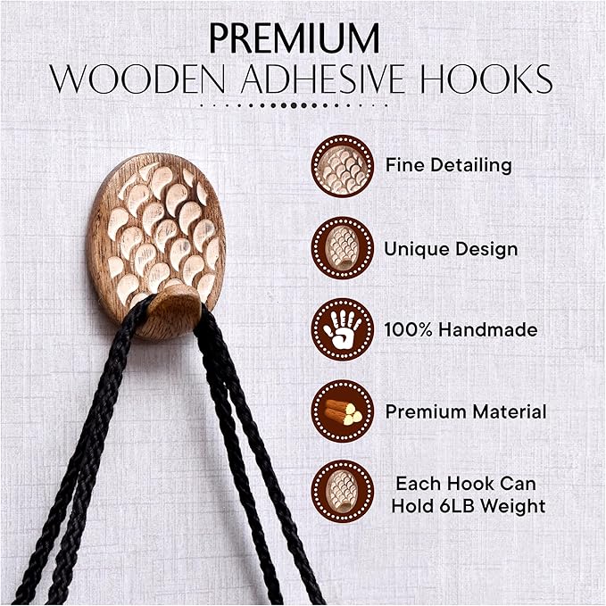 Indian Shelf 6 Lb- 3 Pieces Decorative Wood Adhesive Wall Hooks–Boho Peel and