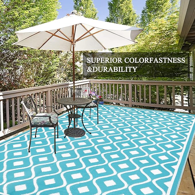 Pauwer Waterproof Outdoor Rug 8x10, Reversible Plastic Straw Patio Camping Rug, Indoor Outdoor RV Mat Carpet for Deck, Camper, Porch, Balcony, Backyard, Picnic, Geometric Teal