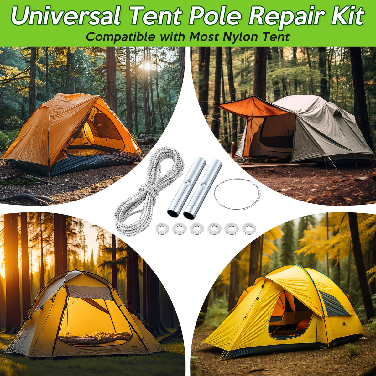 Shimeyao 2 Set Tent Pole Repair Kit, Universal Nylon Tent Poles Replacement Kit with 2 Shock Cords, 12 Washers, 4 Metal Tubes and 2 Iron Lead Wire, Repair Accessories for Camping Hiking Backpacking