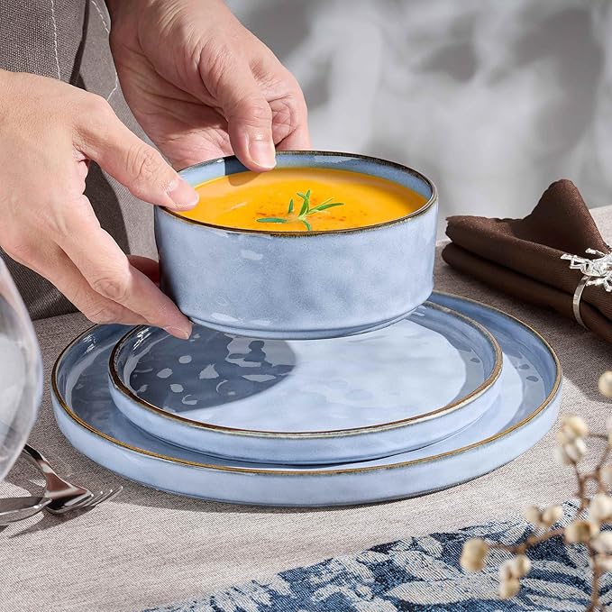Herogo Dinnerware Sets for 6, 18 Pieces Ceramic Dishware for Kitchen Restaurant, Stoneware Plates and Bowls Sets, Dishwasher & Microwave Safe, Haze Blue