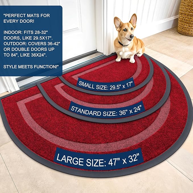 OLANLY Half Circle Door Mat Indoor Outdoor Entrance Welcome, Waterproof All-Season, All-Weather Doormat, Sturdy Natural Rubber, Low Profile, Easy Clean Patio Porch Entryway Mat, 36x24, Wine Red