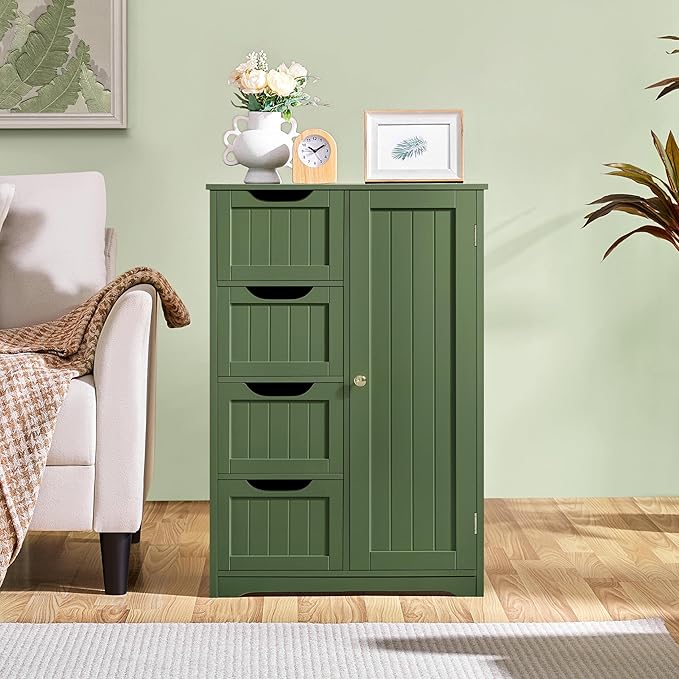 Yaheetech Wooden Bathroom Floor Cabinet, Side Storage Organizer Cabinet with 4 Drawers and 1 Cupboard, Freestanding Entryway Storage Unit Console Table, Bathroom Furniture Home Decor, Green