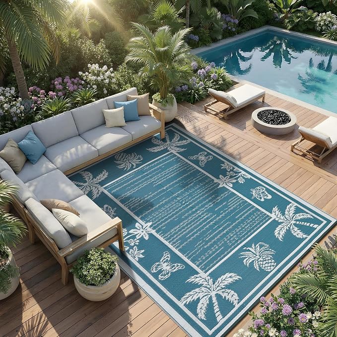 Garvee Outdoor Rug 5x8 Waterproof for Patios, Reversible Plastic Straw Rug, Tropical Leaf Indoor Outdoor Rugs, Large Area Rug for RV, Camping, Deck, Picnic Mat, Outside Carpet, Blue & White