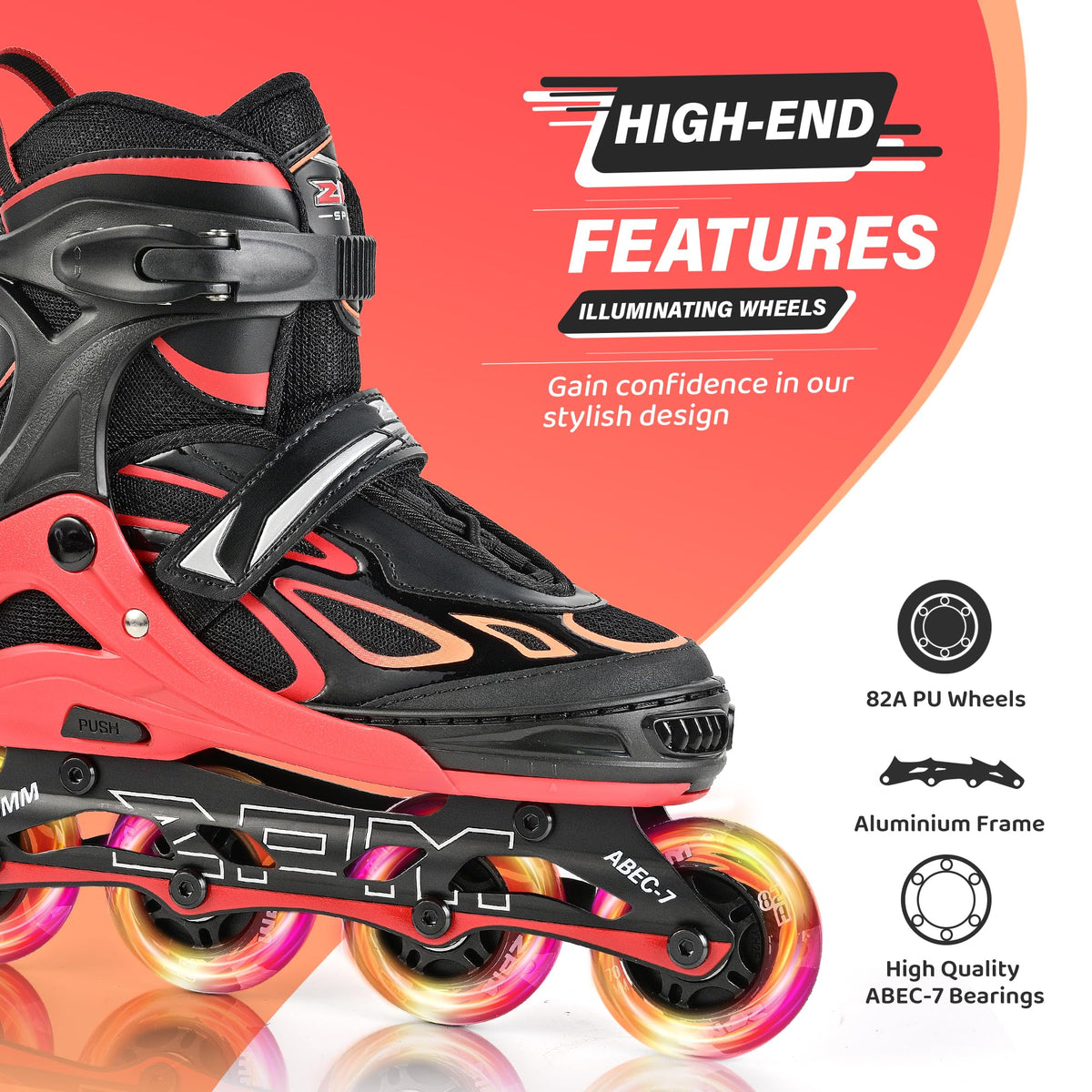 2PM SPORTS Vinal Inline Skates for Girls Boys Kids Ages 5-8 8-12 with Adjustable Illuminating Wheels, Inline Roller Skates for Youth Women Men - Red Large