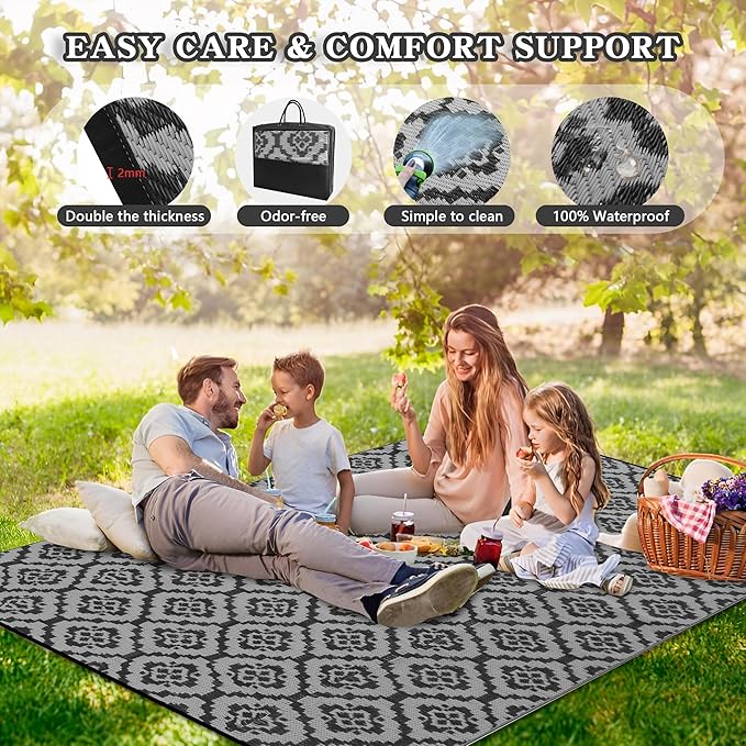 Wallona Outdoor Rugs 9x12 ft Patio Waterproof Clearance Indoor Outdoor Large Carpet for Patio Plastic Straw Reversible Area Rugs Mat for RV, Camping, Balcony, Beach, Picnic, Porch, Brick Black & Grey