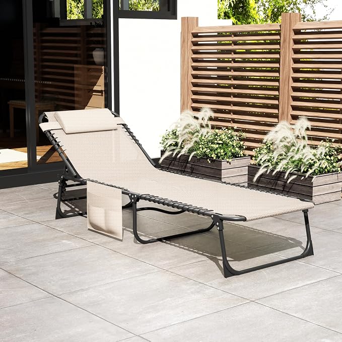 Folding Lounge Chair Outdoor, 4-Level Reclining Backrest Aluminum Lounge Chair, Removable Pillow & Side Pocket Design, Breathable Portable Tanning Chair for Poolside, Patio, Backyard, Beige