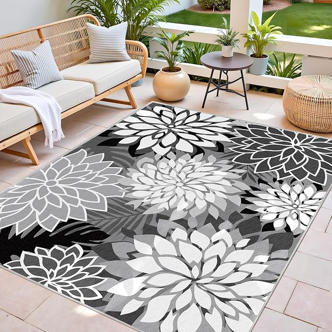 4x6 Outdoor Area Rug Washable Multicolored Patio Rug Tropical Botanical Floral Chenille Waterproof Outdoor Carpet for Living Room, Deck, Backyard, Porch, Black