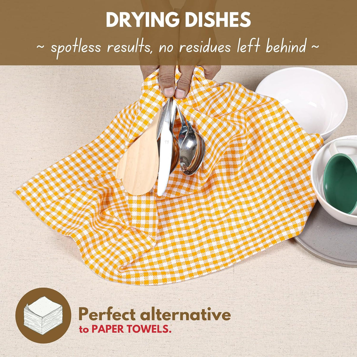 Native Fab 4 Pack Yellow Gingham Cotton Dish Towels 16"x26" - Absorbent Kitchen Linen Towels with Hanging Loop, Dishcloths Set for Drying Dishes, Cleaning Hand Towels, Mustard Yellow White