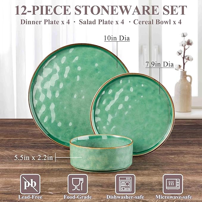 Herogo 12 Pieces Dinnerware Dish Sets for 4, Plates and Bowls Sets for Home Kitchen, Ceramic Dinning Dishes, Dishwasher & Microwave Safe, Gemstone Green