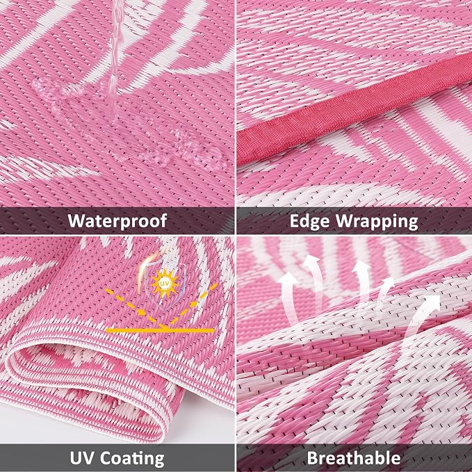Pauwer Waterproof Outdoor Rug 6x9, Reversible Plastic Straw Patio Camping Rug, Indoor Outdoor RV Mat Carpet for Deck, Camper, Porch, Balcony, Backyard, Picnic, Leaf Pink