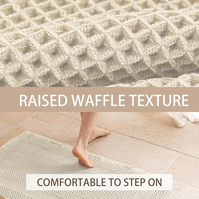 Waffle Bath Mat Non Slip, Boho Bathroom Rug, Super Absorbent Quick Dry Bathroom Mat, Soft Farmhouse Bath Rug with Tassels, Small Washable Shower Mats for Floor 20"x32", Tassels Cream
