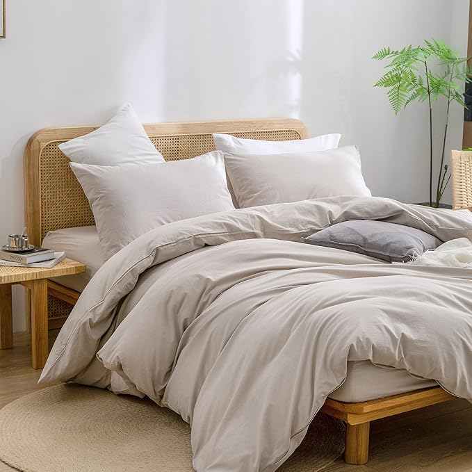 BESTOUCH Duvet Cover Set 100% Washed Cotton Linen Feel Super Soft Comfortable Chic Lightweight 3 PCs Home Bedding Set Solid Linen Grey Super Queen