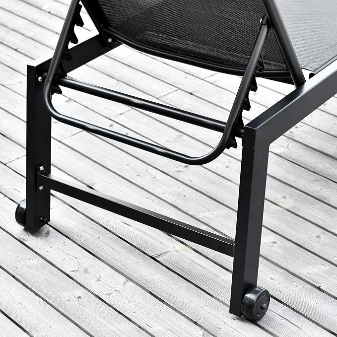 Outsunny Outdoor Chaise Lounge with Wheels, Five Position Recliner for Sunbathing, Suntanning, Steel Frame, Breathable Fabric for Beach, Yard, Patio, Black