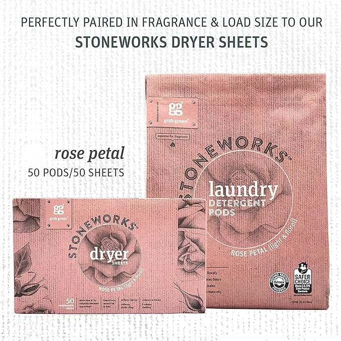 Grab Green Stoneworks Laundry Detergent Pods, 50 Count, Rose Petal Scent, Plant and Mineral Based, Cleans Deeply, Eliminates Odors, Fights Stains, Softens Naturally, Packaging May Vary