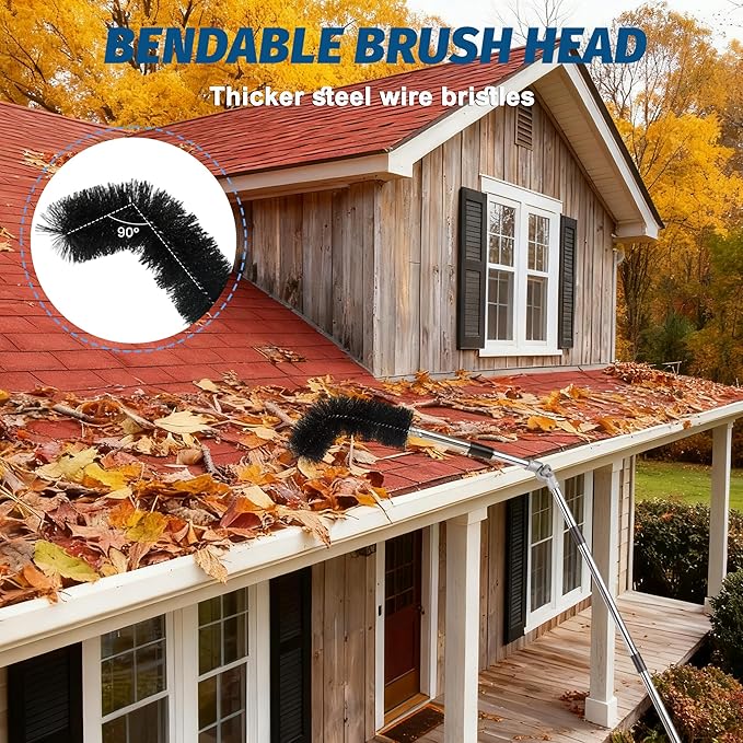 11.8FT Gutter Cleaning Tools from the Ground, Adjustable Length Gutter Cleaning Pole with Gutter Scoop, Gutter Brush, Gutter Rake, Efficient Gutter Cleaner for Leaves, Twigs & Debris
