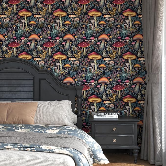 BOKEBEVE Mushroom Wallpaper Peel and Stick Floral Contact Paper Vintage Wall