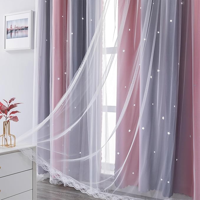 XiDi Pink and Grey Star Blackout Curtains