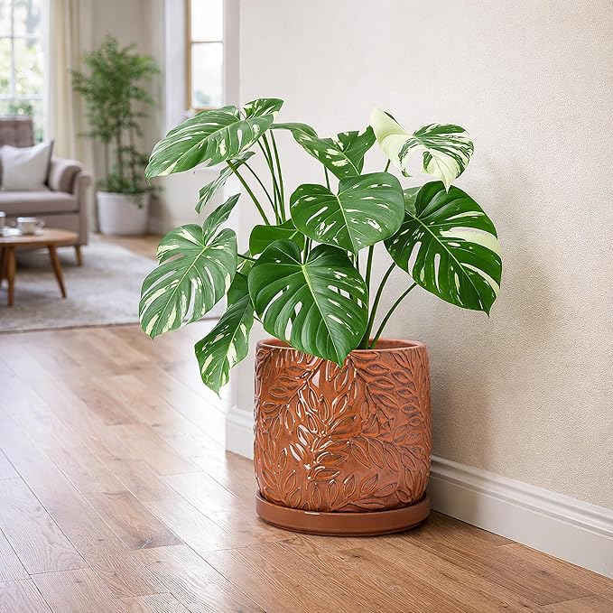 D'vine Dev 10 Inch Embossed Leaves Stoneware Planter Pot with Drainage Hole and Saucer, Pumpkin, 27-A-P-J