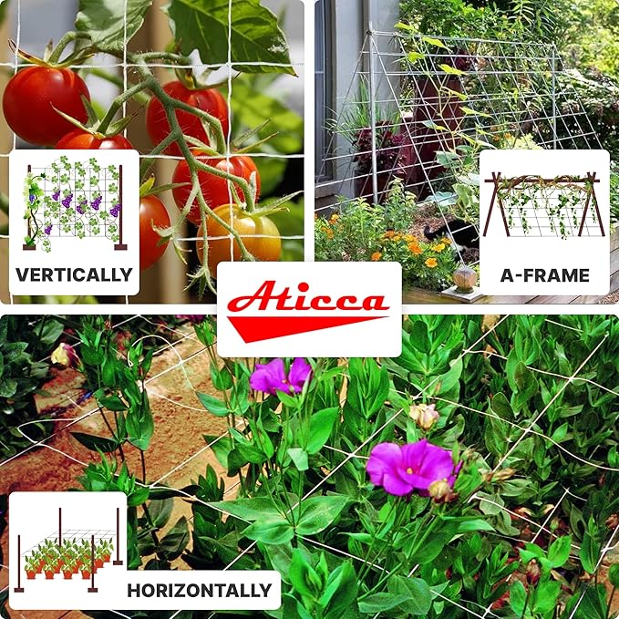 ATICCA Trellis Netting 5 x 225 ft Heavy Duty Polyester Plant Support Netting White - 6 Inch Garden Rope Trellis on Roll - Mesh Twine for Growing Vine Climbing Plants, Flowers, Peas, and Tomatoes.
